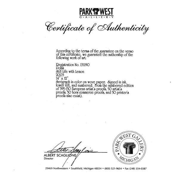 "Still Life with Lemon" by Dimitri Polak Serigraph - Picture 7 of 7